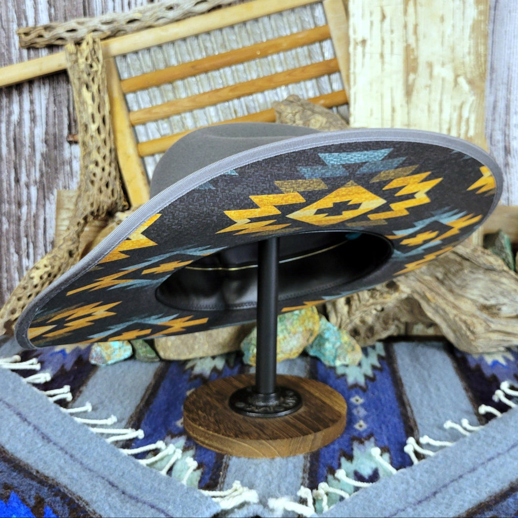 A close-up of the decorative underside of the brim with Aztec print.