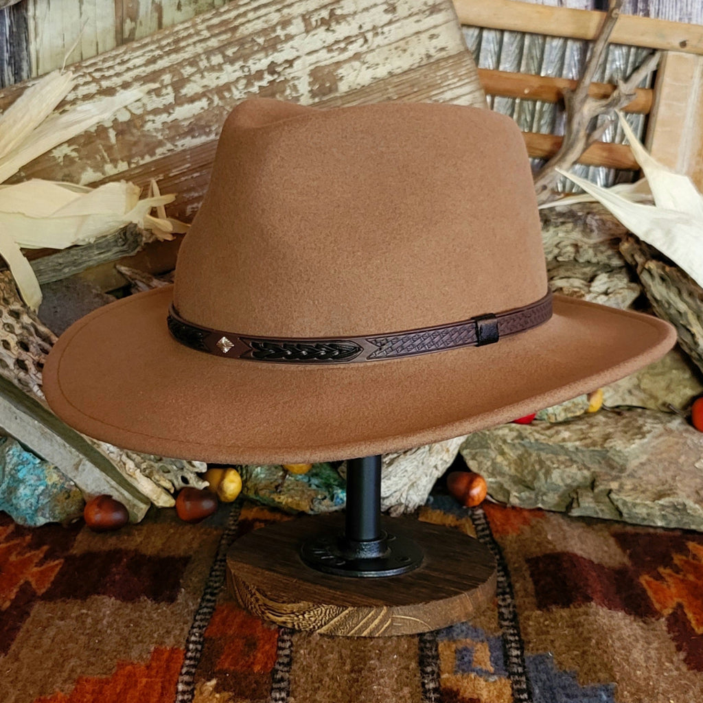Brown wool hat with decorative leather hat band featuring braided details.