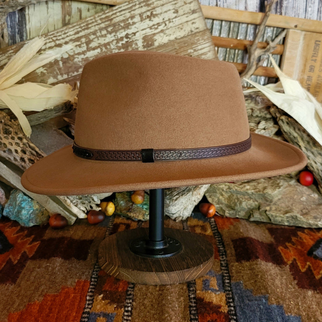 Brown wool hat with decorative leather hat band featuring braided details.