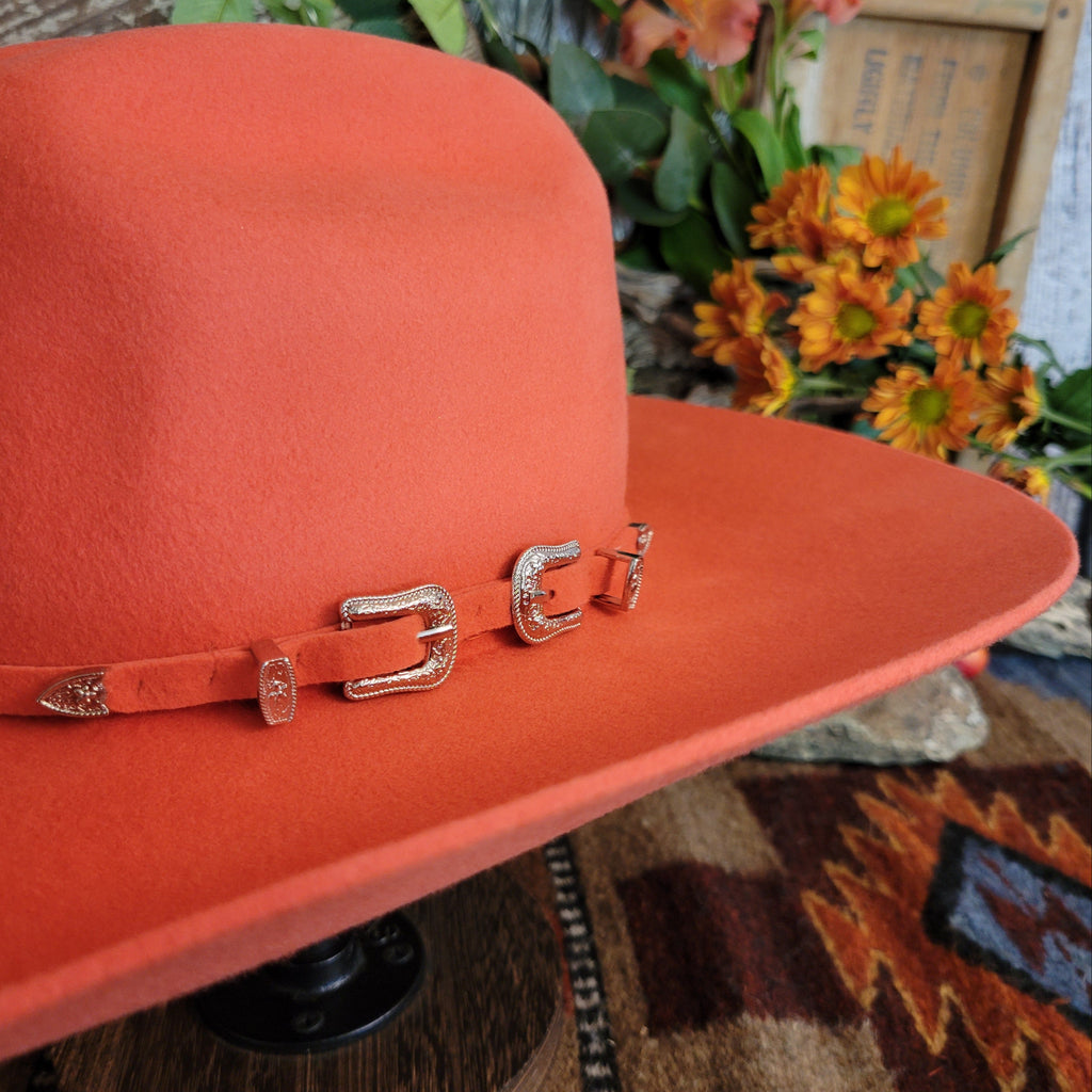 A close-up of the matching felt hat band with dual silver buckle details.
