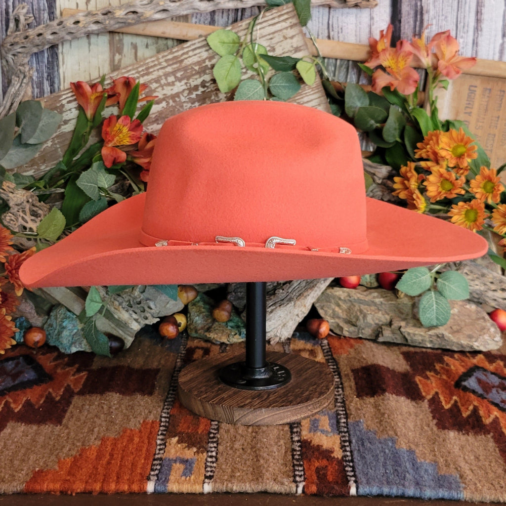 Wool hat in the color tigerlily with matching felt hat band.