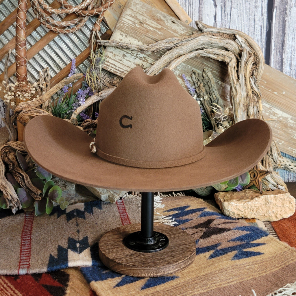 Back of the cowgirl hat with a horseshoe branded near the crown.