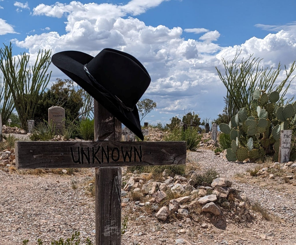 Stetson Gus 6X Black wool felt western hat at Boothill Cemetery in Tombstone.
