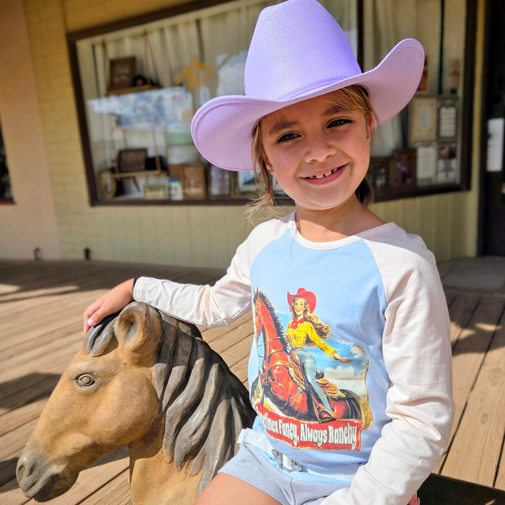 Kids' "Sometimes Fancy Always Ranchy" Long Sleeve Tee by Shea Baby close up