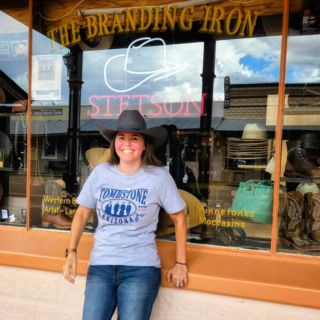 Model wearing Tombstone "Wild West" Arizona  T-Shirts by Lane Seven 