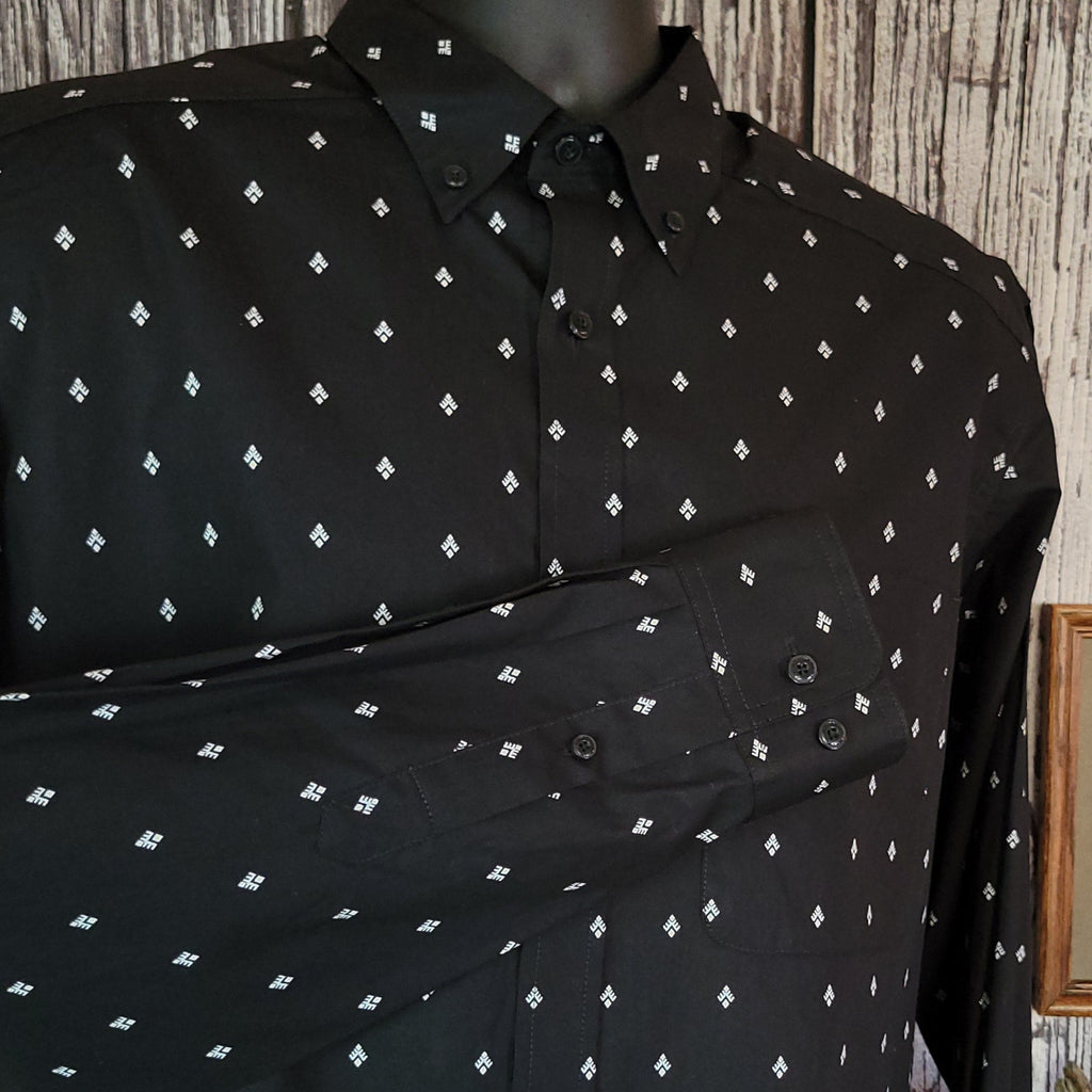 Black button down shirt with Ariat logo and white spade pattern.