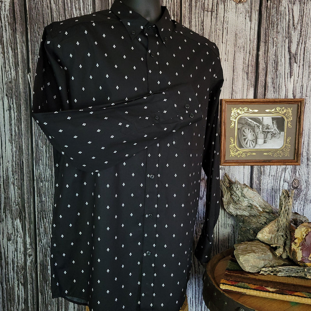 Black button down shirt with Ariat logo and white spade pattern.