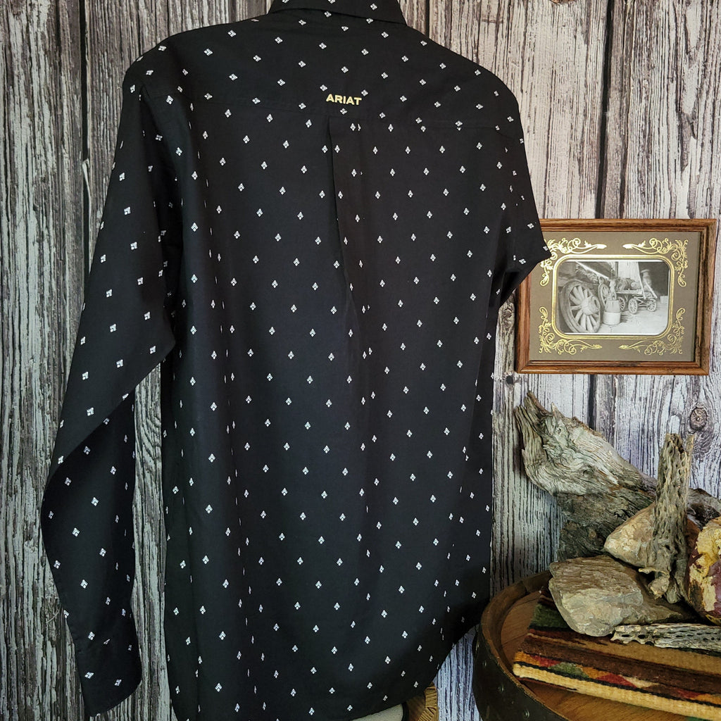 Black button down shirt with Ariat logo and white spade pattern.