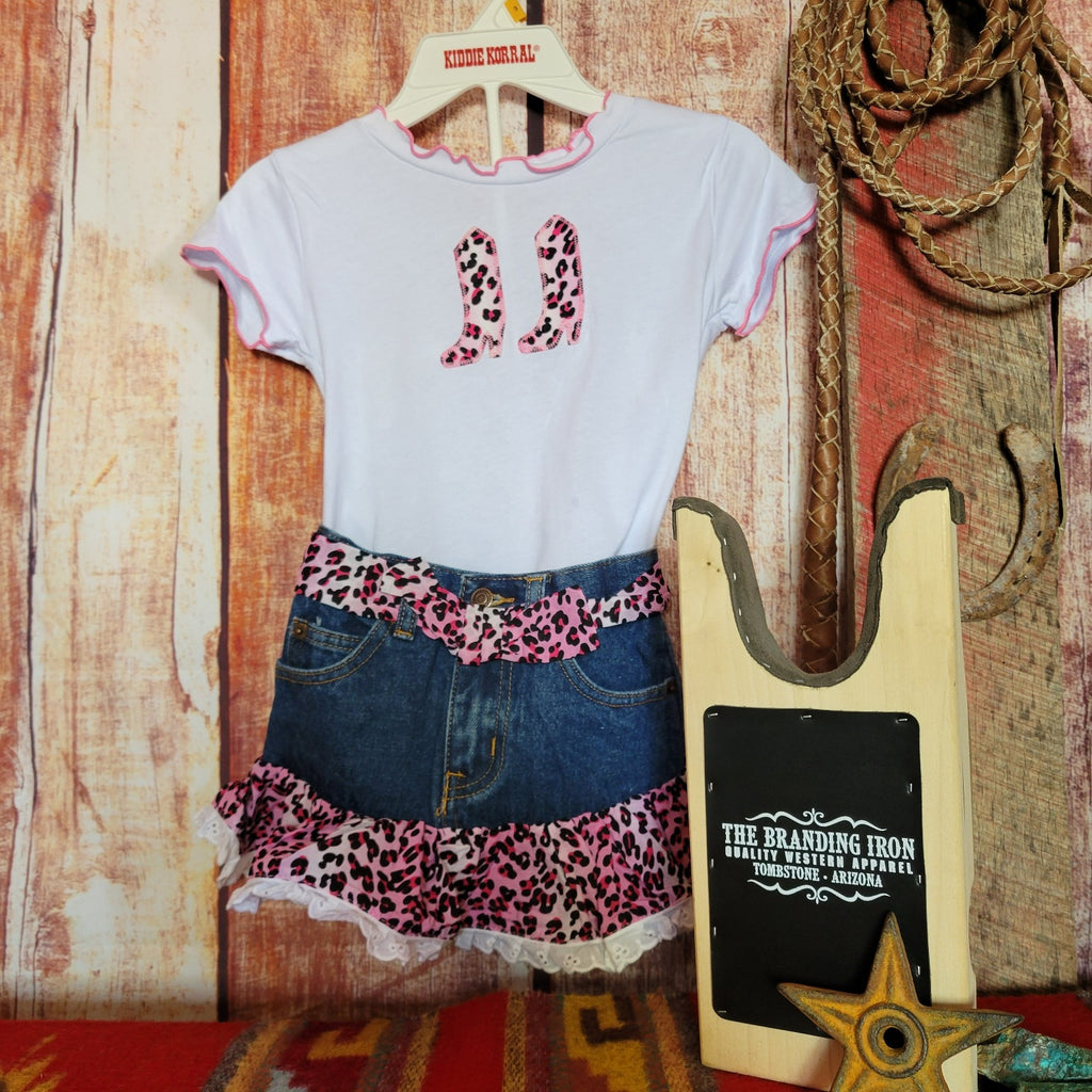 pink leopard print girls cowgirl  denim skirt and shirt set