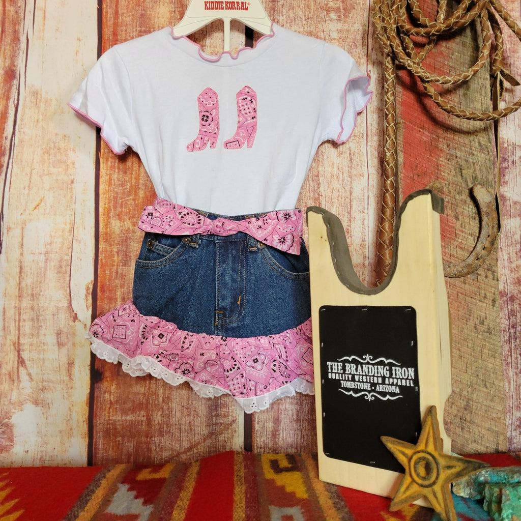 pink bandana girls jean skirt and shirt set