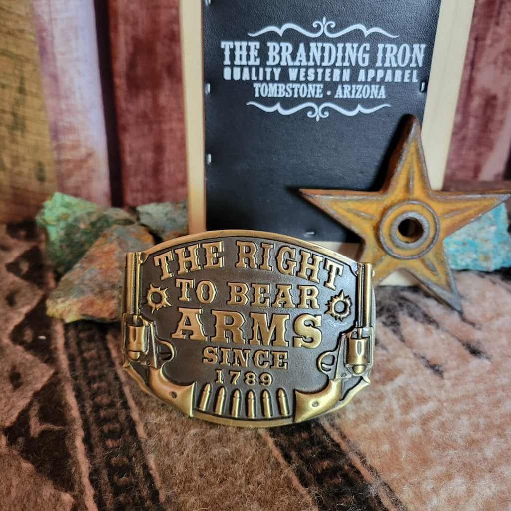 Belt Buckle the "Right to Bear Arms" by Montana Silversmiths Front View