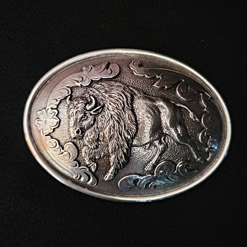 Antique Silver Oval Belt Buckle "Buffalo" by M&F Front View