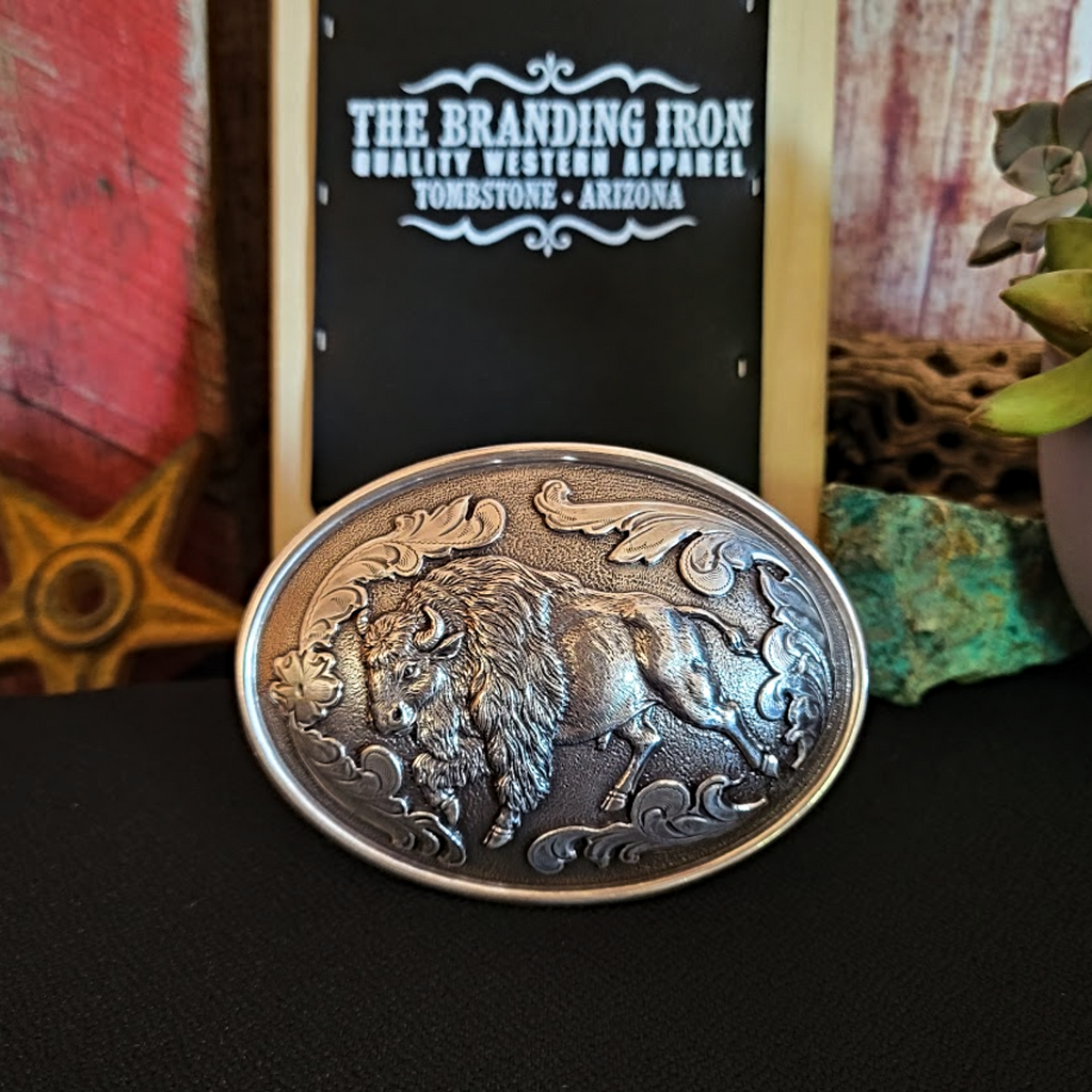 Antique Silver Oval Belt Buckle "Buffalo" by Nocona Front View