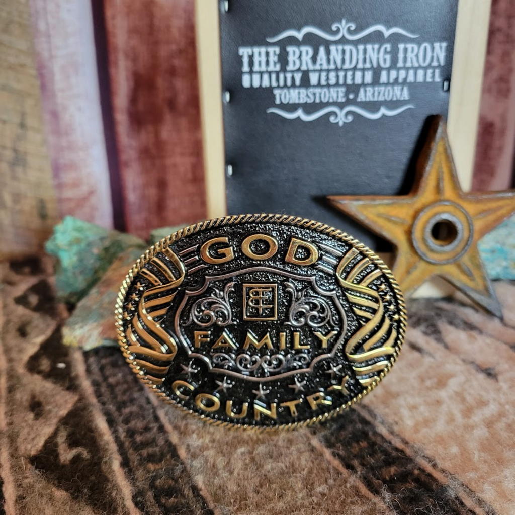 Belt Buckle "God, Family, Country" by Attitude Belt Buckle Front View