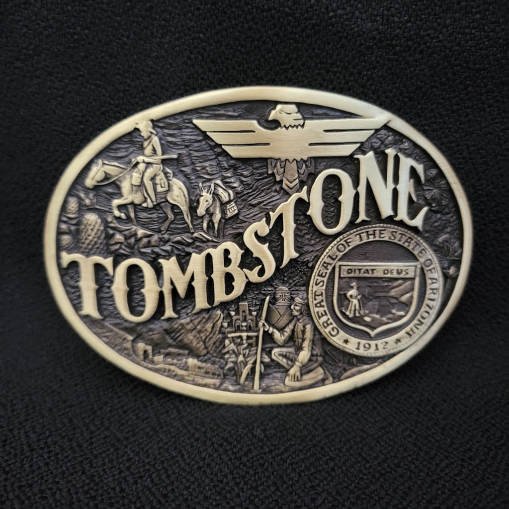 Belt Buckle, the "Tombstone" Brass by Montana Silversmiths Front View