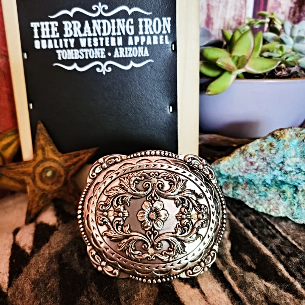Belt Buckle the "Traditional Floral Tooling w/Rhinestones" by Blazin Roxx Front View