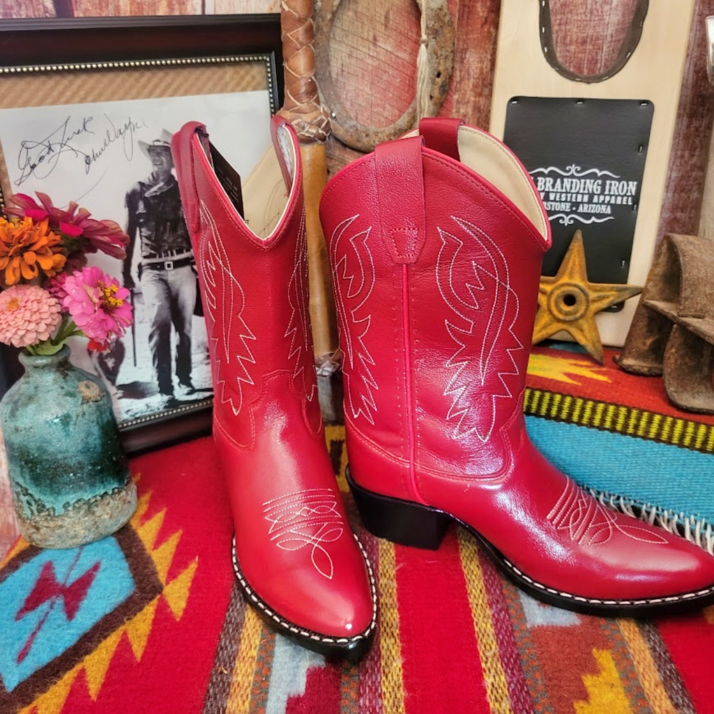 Kids Leather Boots "Red" by Old West Front/ Side View