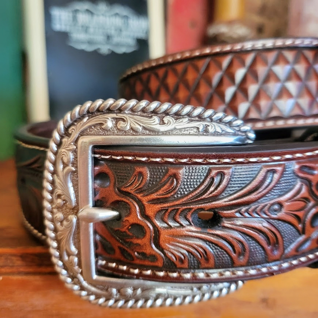 Leather Belt "Basket Weave Floral" by Ariat  Buckle View