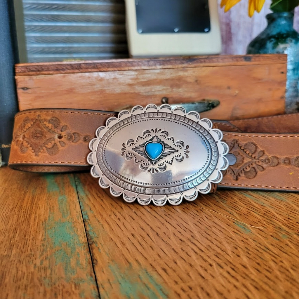 Leather Belt, the "Navajo Heart" by Justin  Buckle View