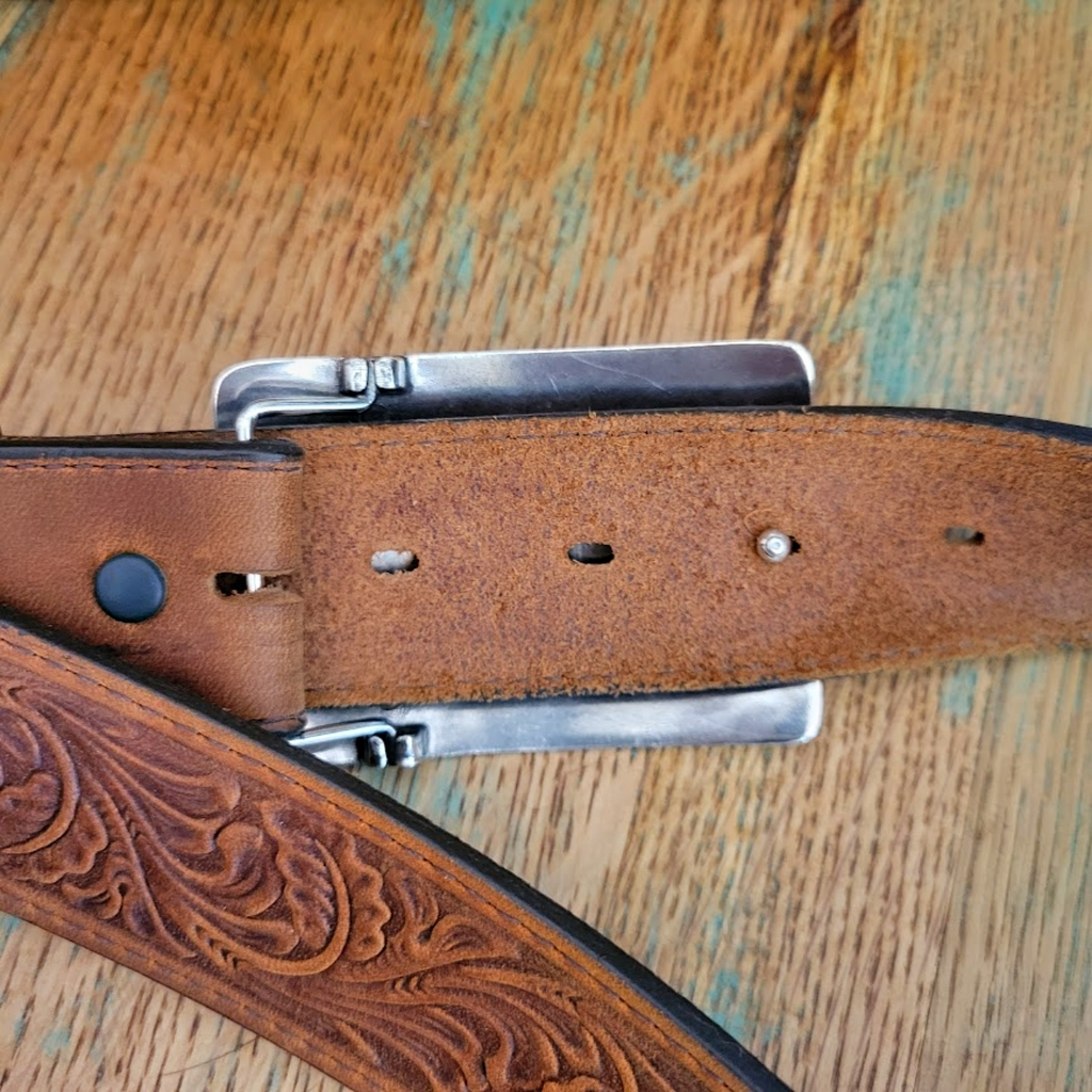 Leather Belt, the “Navajo Spirit” A Belt by Tony Lama  Belt/Back of Buckle View