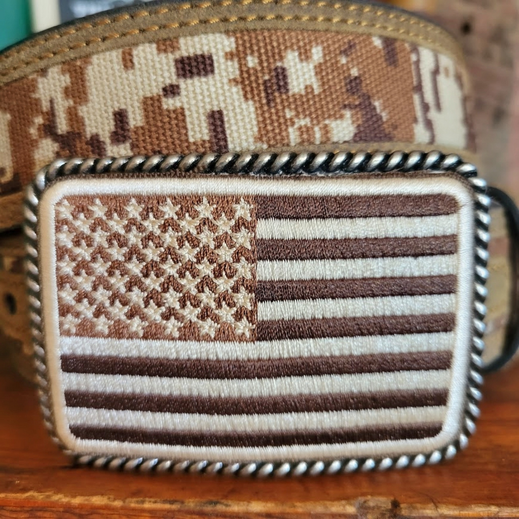 Leather Belt, the "USA Flag and Camo" by Ariat Buckle View