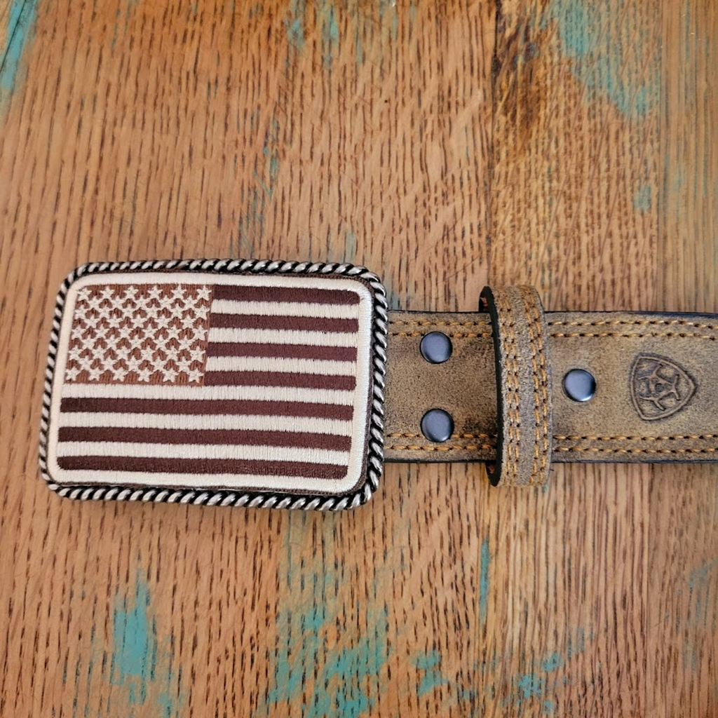 Leather Belt, the "USA Flag and Camo" by Ariat Buckle/ Belt View