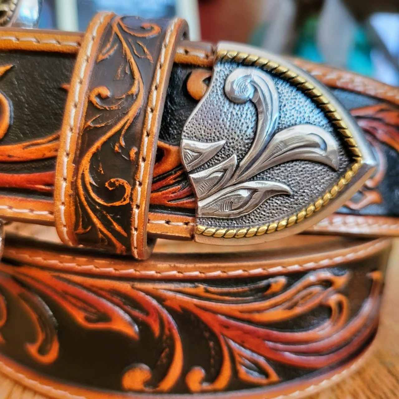 Leather Custom Tooled Feather Belt