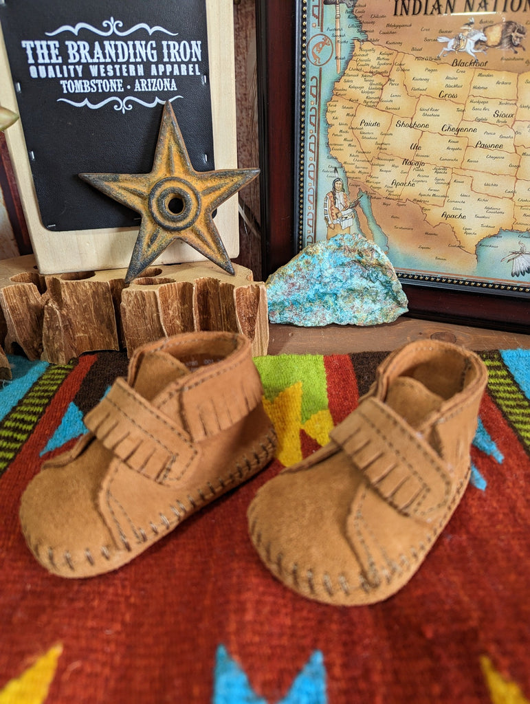 Kid's Moccasins with Front Strap by Minnetonka 1122 brown front view