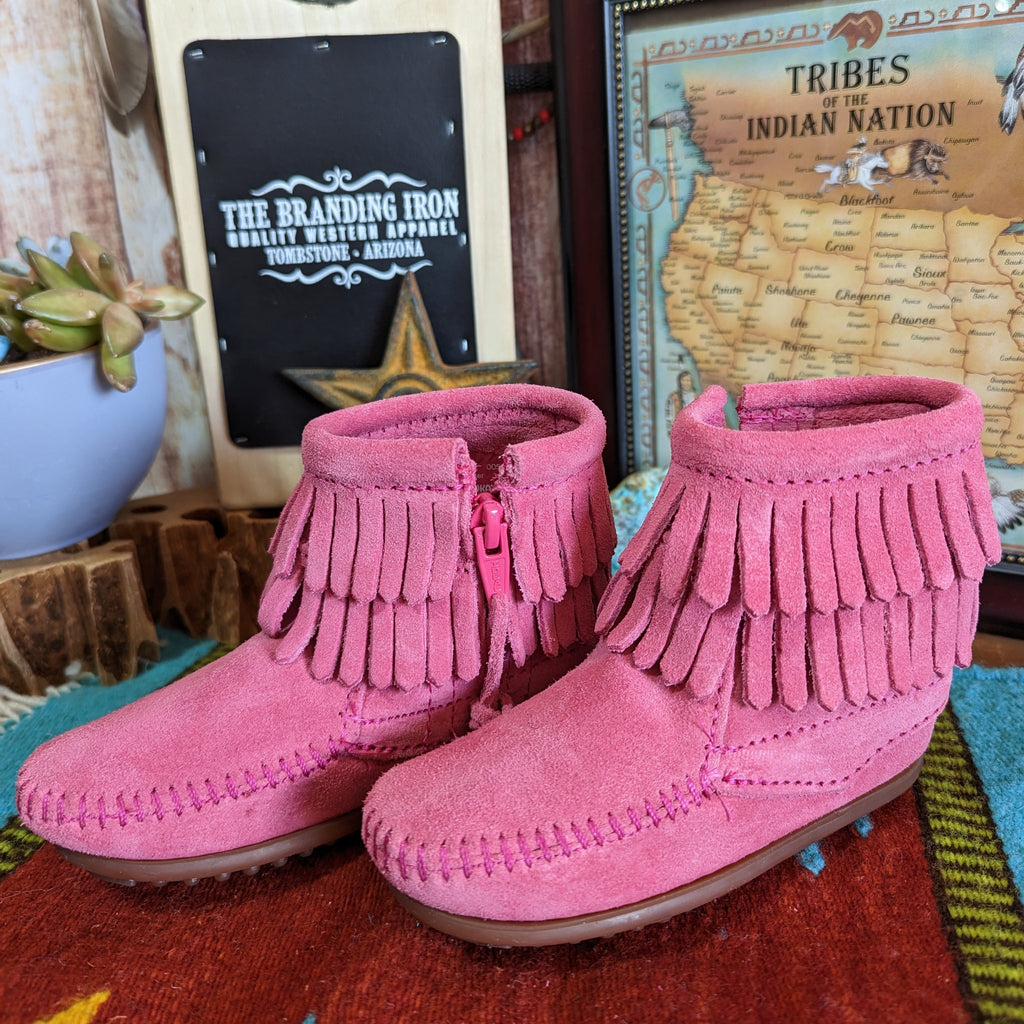 "Double Fringe" Side Zip Boot by Minnetonka 2295 pink side view