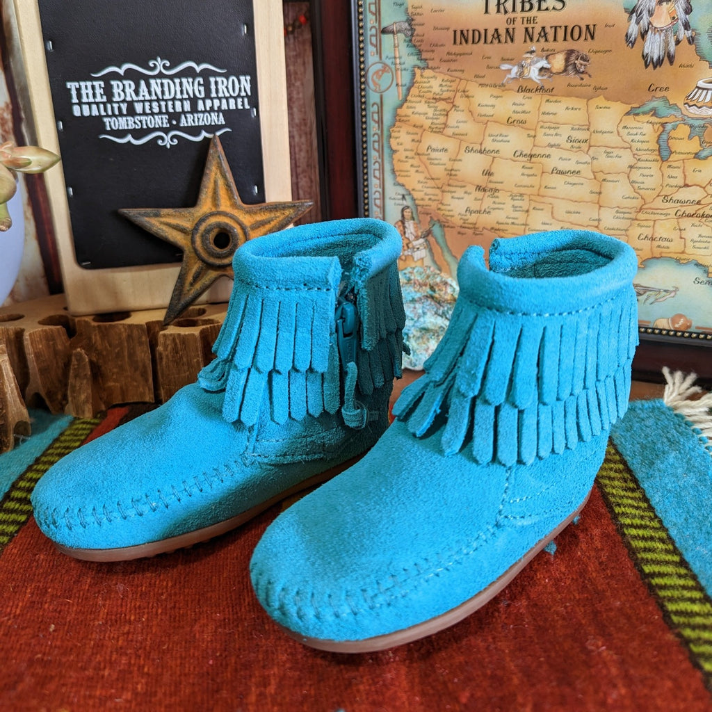"Double Fringe" Side Zip Boot by Minnetonka 2296 turquoise front view