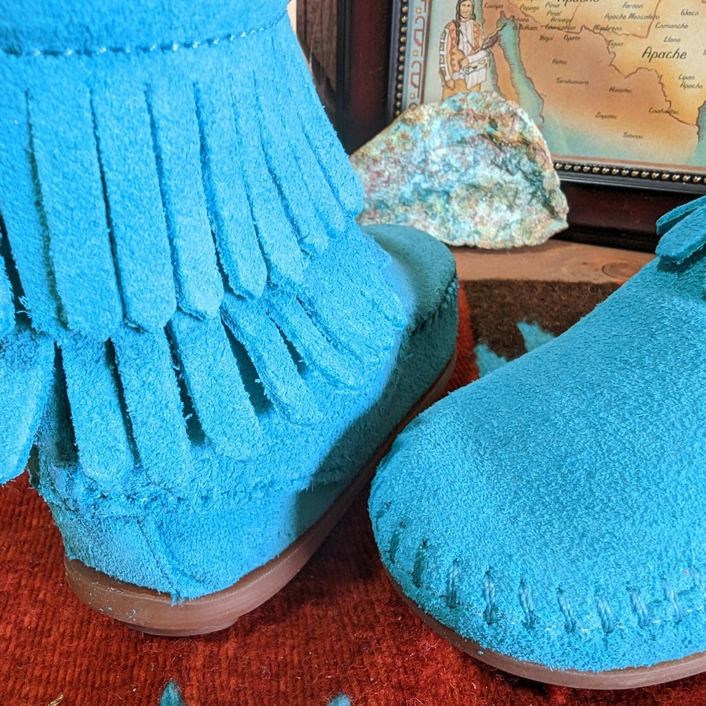 "Double Fringe" Side Zip Boot by Minnetonka 2296 turquoise toe view