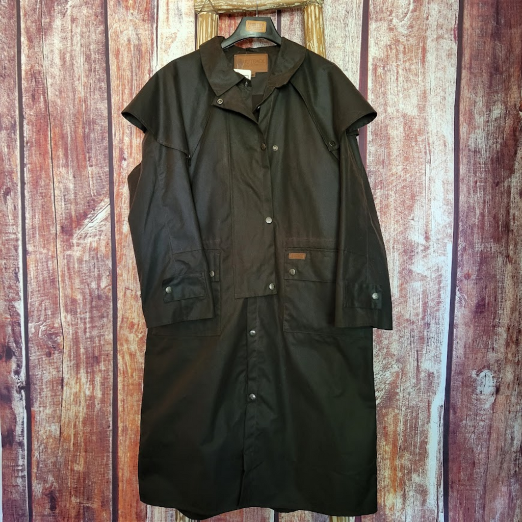 Waterproof Oilskin, the "Low Rider Duster" by Outback Front View Black