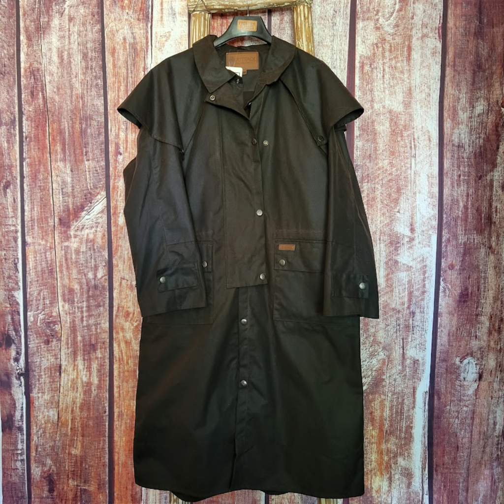 Waterproof oilskin duster with a full-length slicker design.
