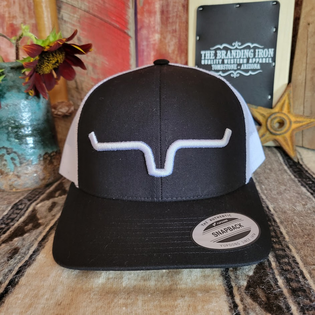 Black and white Weekly Trucker Cap by Kimes Ranch Front View
