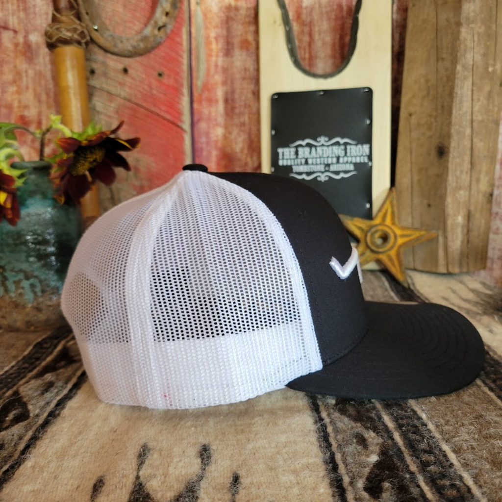 Black and white Weekly Trucker Cap by Kimes Ranch Side View