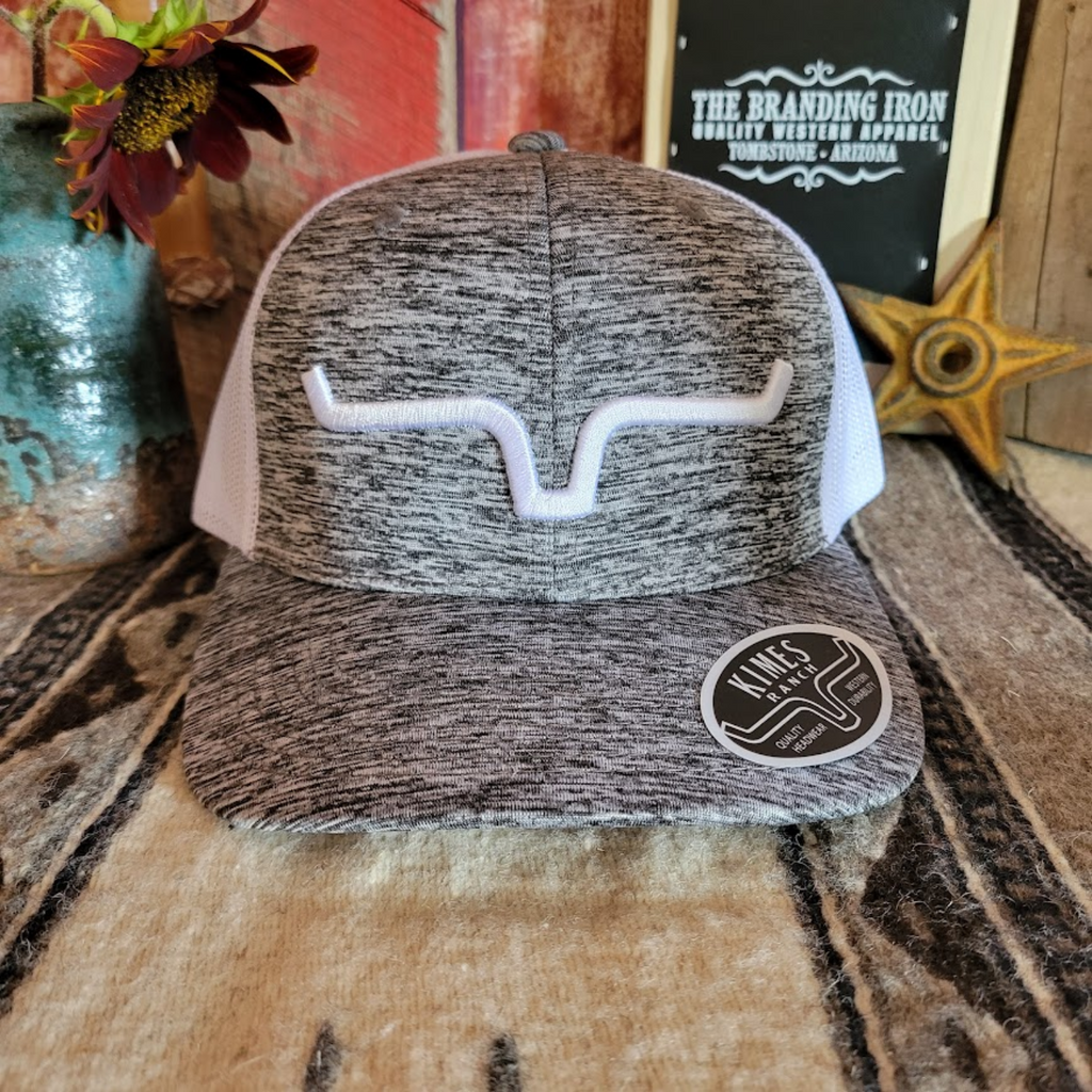 Grey and white Weekly Trucker Cap by Kimes Ranch Front View