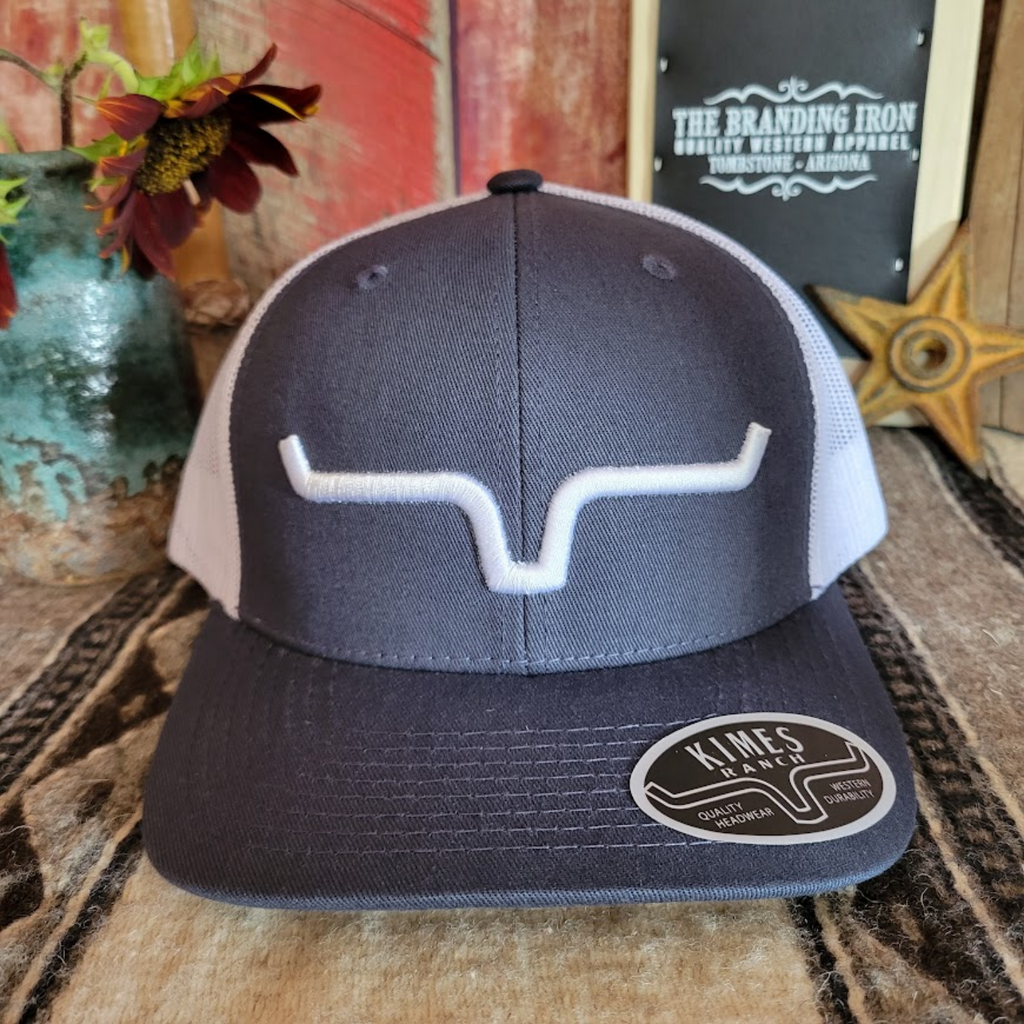 Dark grey and white Weekly Trucker Cap by Kimes Ranch Front View