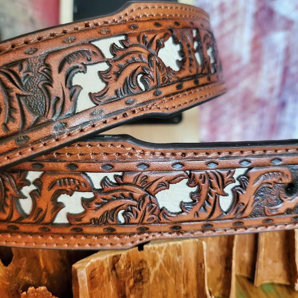 Leather Inlay Belt "Tooled" by JP West  21993BE22