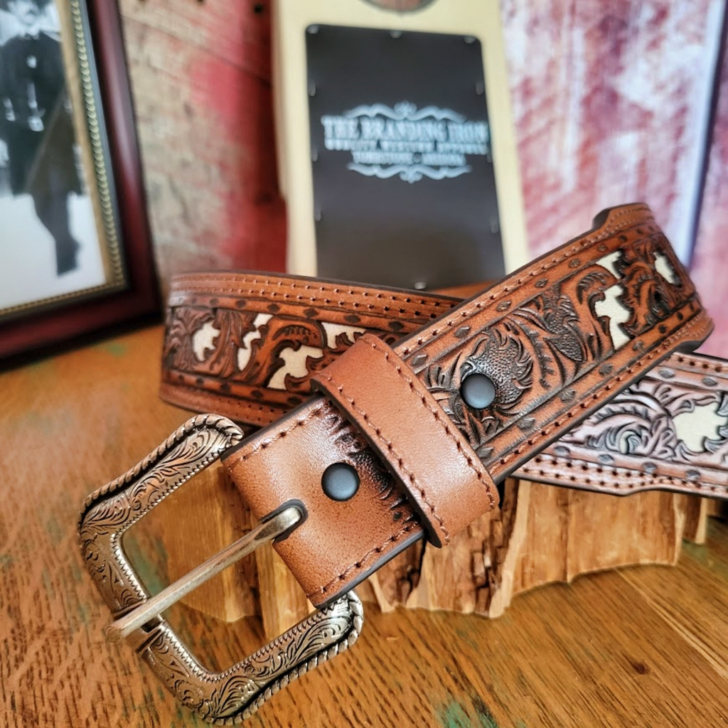 Leather Inlay Belt "Tooled" by JP West  21993BE22