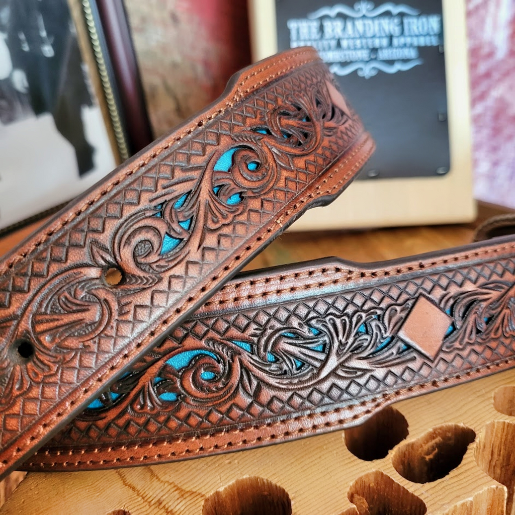 Western Leather Inlay Belt "Turquoise Inlay" by JP West    Tapered Belt View 