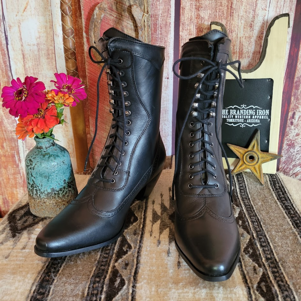 Women's Leather Boots the "Rawhide" a Victorian Lace-Up by Abilene Boot Co  Front View