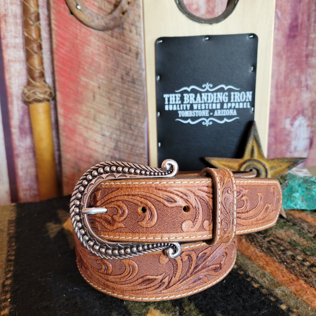 Women's Tooled Leather Belt the "Paris Vine" by Justin  Front View